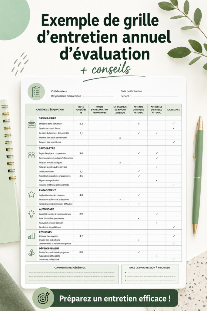 Une grille d'entretien annuel d'évaluation sur un bureau avec des notes.