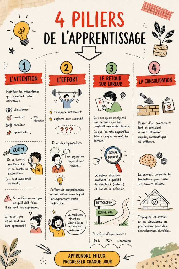 Illustration représentant les 4 piliers de l'apprentissage