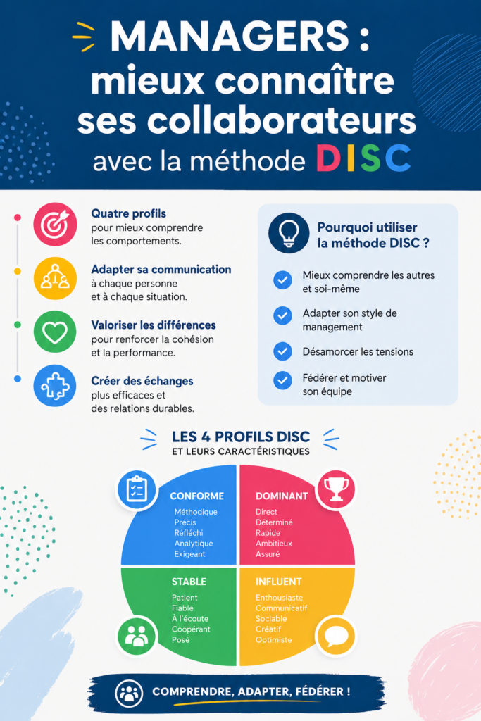 Une présentation de la méthode DISC illustrant les interactions entre différents types de personnalités en entreprise.