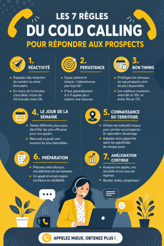 Infographie illustrant les 7 règles essentielles du cold calling