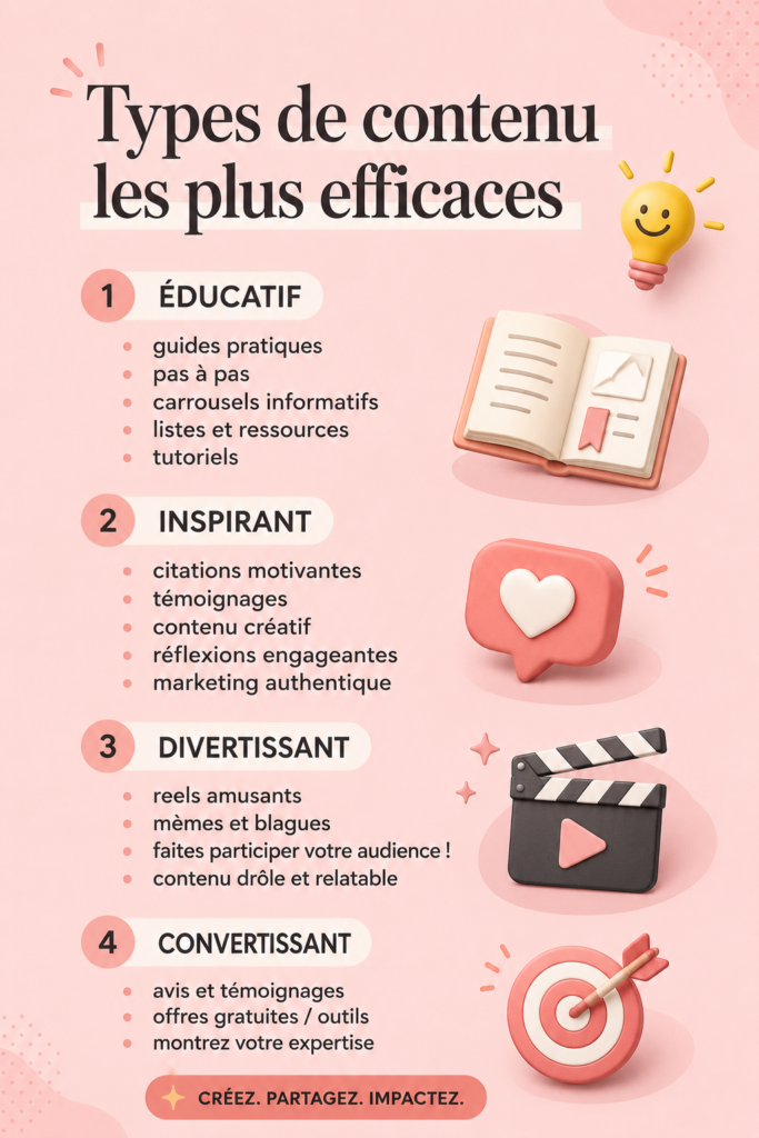 Illustration de différentes formes de contenu efficace pour la communication.