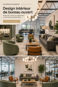 Bureau moderne avec un aménagement ouvert et des éléments de décoration contemporains.