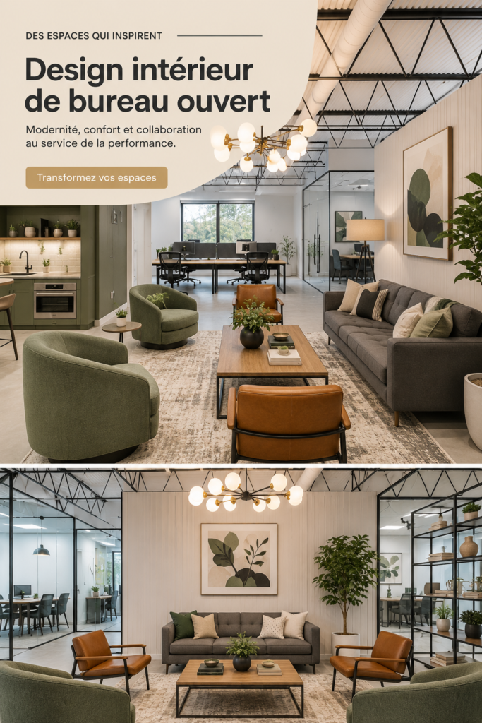 Bureau moderne avec un aménagement ouvert et des éléments de décoration contemporains.