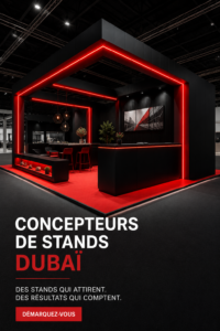 Un stand d'exposition stylisé à Dubaï, avec un design moderne et attractif.