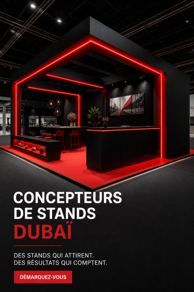 Un stand d'exposition stylisé à Dubaï, avec un design moderne et attractif.