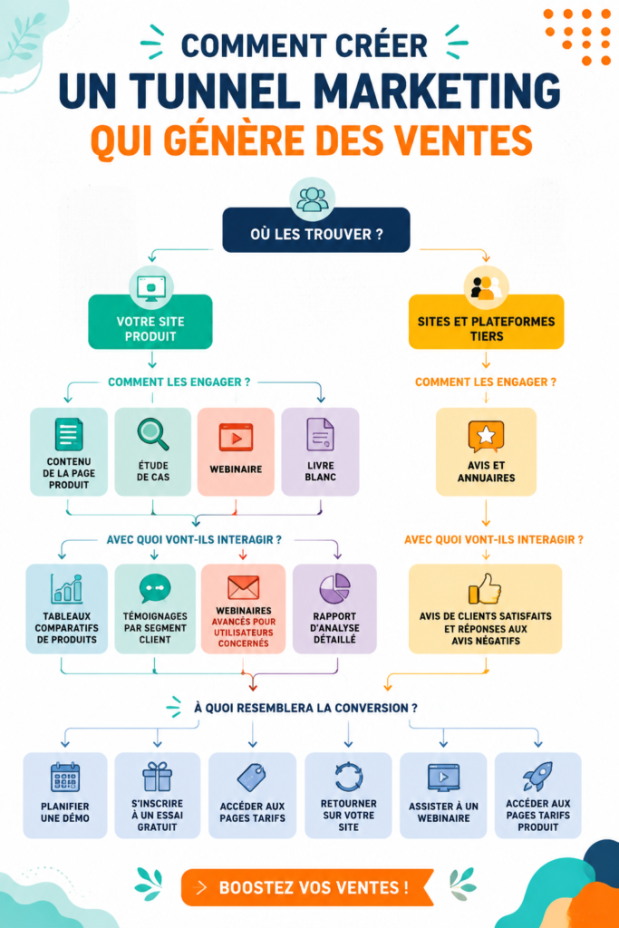Illustration d'un tunnel marketing illustrant les différentes étapes de conversion client dans une stratégie de vente efficace.
