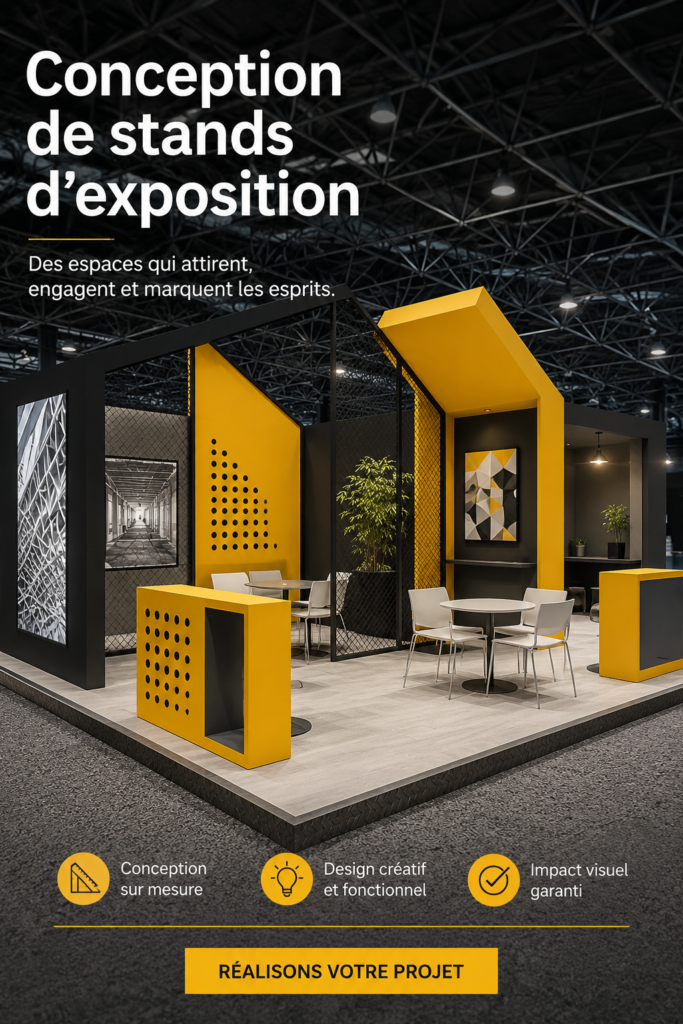 Stand d'exposition moderne et accueillant à un salon professionnel, mettant en avant des éléments interactifs.