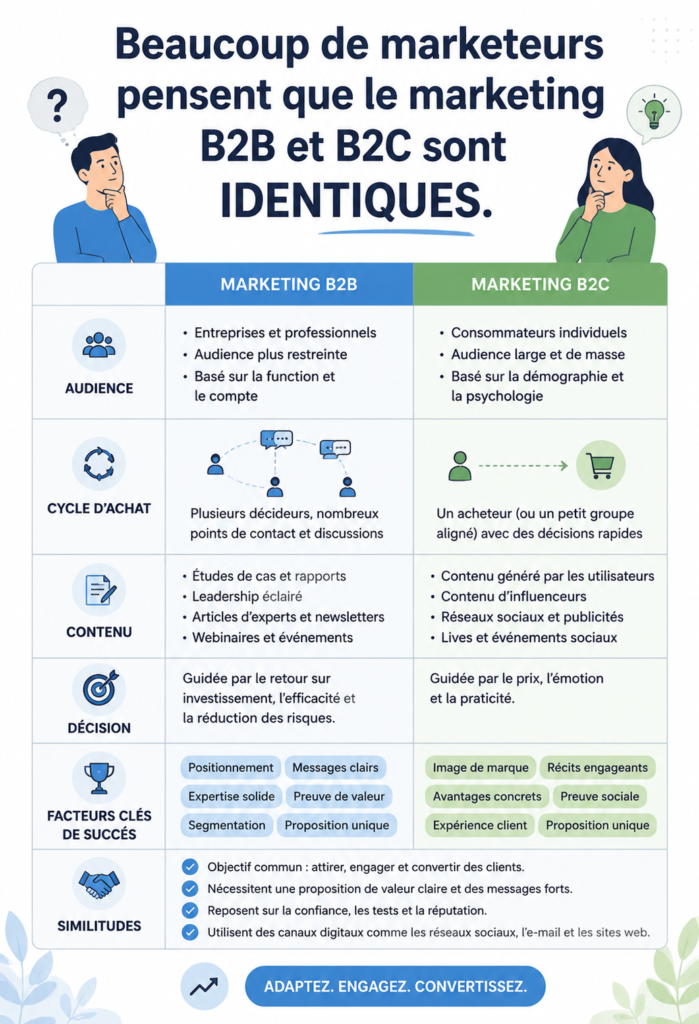 Stratégies de marketing B2B et B2C expliquées dans un graphique informatif.