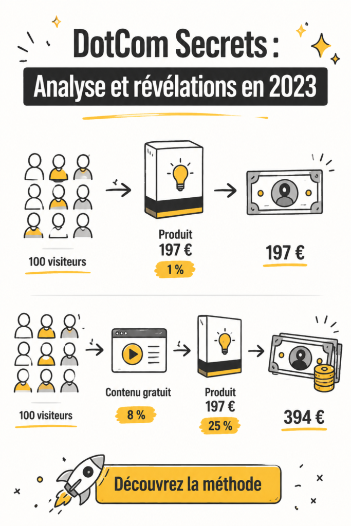 Couverture du livre DotCom Secrets 2023, avec des illustrations engageantes sur le marketing.