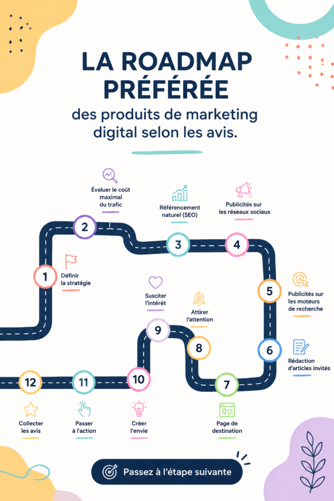 Feuille de route pour le marketing digital sur une table, avec des outils et des notes