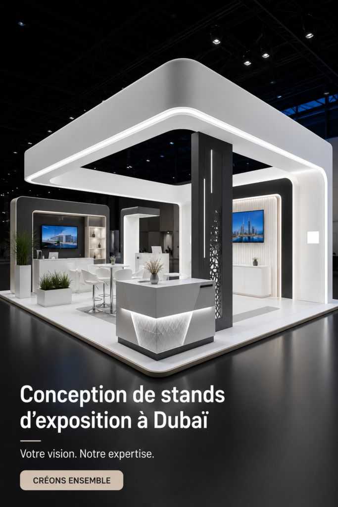 Stand d'exposition coloré à Dubaï, attirant l'attention des visiteurs.