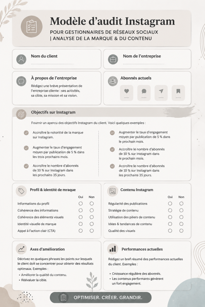 Modèle d'audit Instagram avec graphiques et conseils