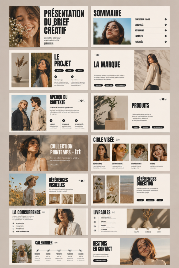 Modèle de présentation de briefing créatif avec des visuels inspirants et structurés