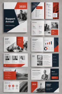 Modèle de rapport annuel avec un design professionnel et des sections visibles pour les données clés.