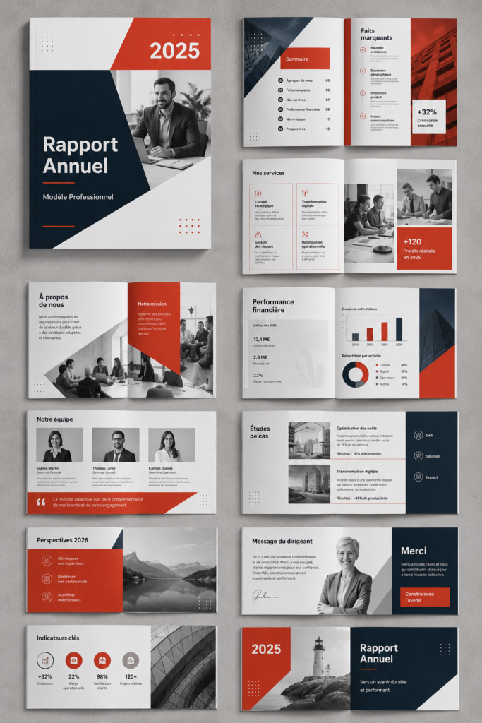 Modèle de rapport annuel avec un design professionnel et des sections visibles pour les données clés.