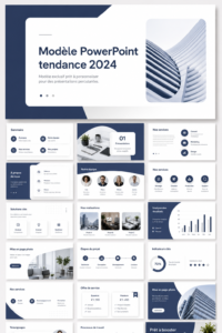Modèle PowerPoint moderne et coloré sur un bureau avec ordinateur