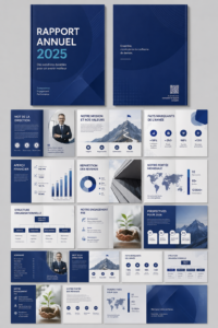 Un aperçu d'un modèle de rapport annuel avec des graphiques et des données illustratives.