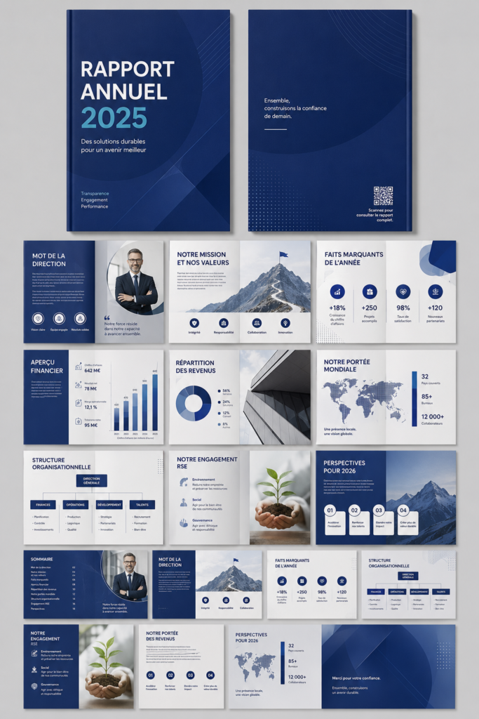 Un aperçu d'un modèle de rapport annuel avec des graphiques et des données illustratives.