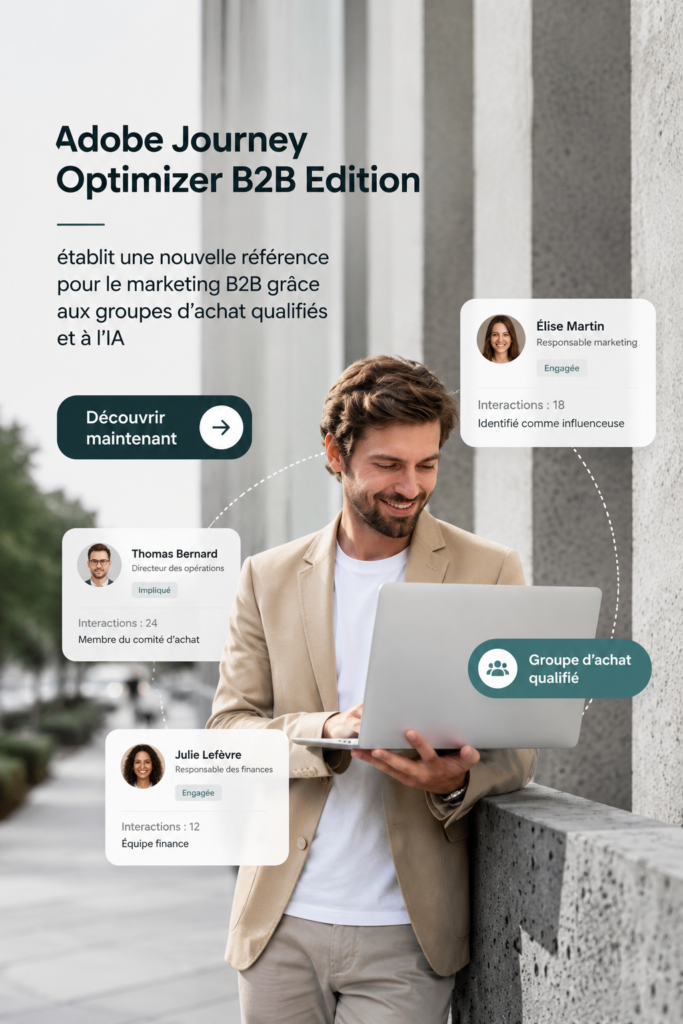 Capture d'écran d'Adobe Journey Optimizer montrant les fonctionnalités clés pour le marketing B2B.