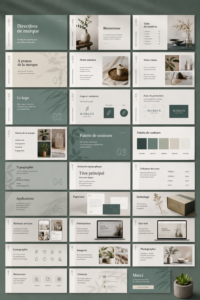 Un modèle de présentation de marque moderne sur Adobe InDesign avec des couleurs harmonieuses et un design attrayant.