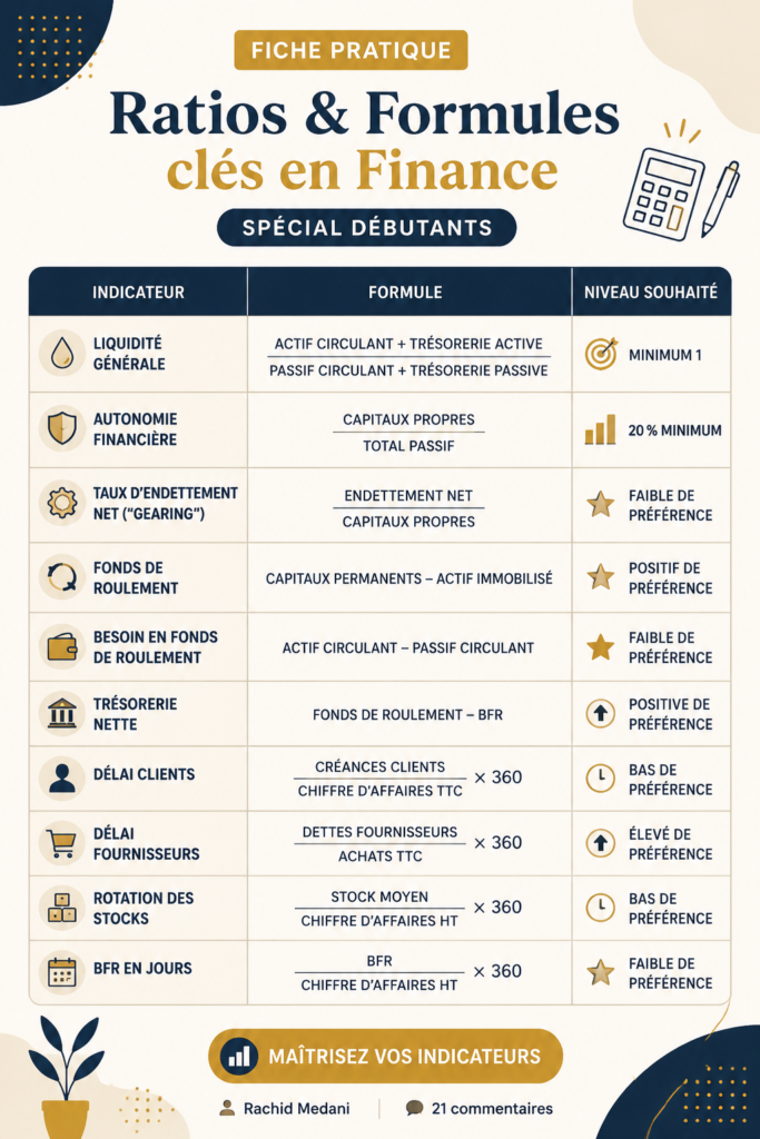 Image d'une fiche pratique expliquant les ratios et formules financiers essentiels
