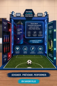 Stand médical au congrès de football, avec des experts discutant des innovations