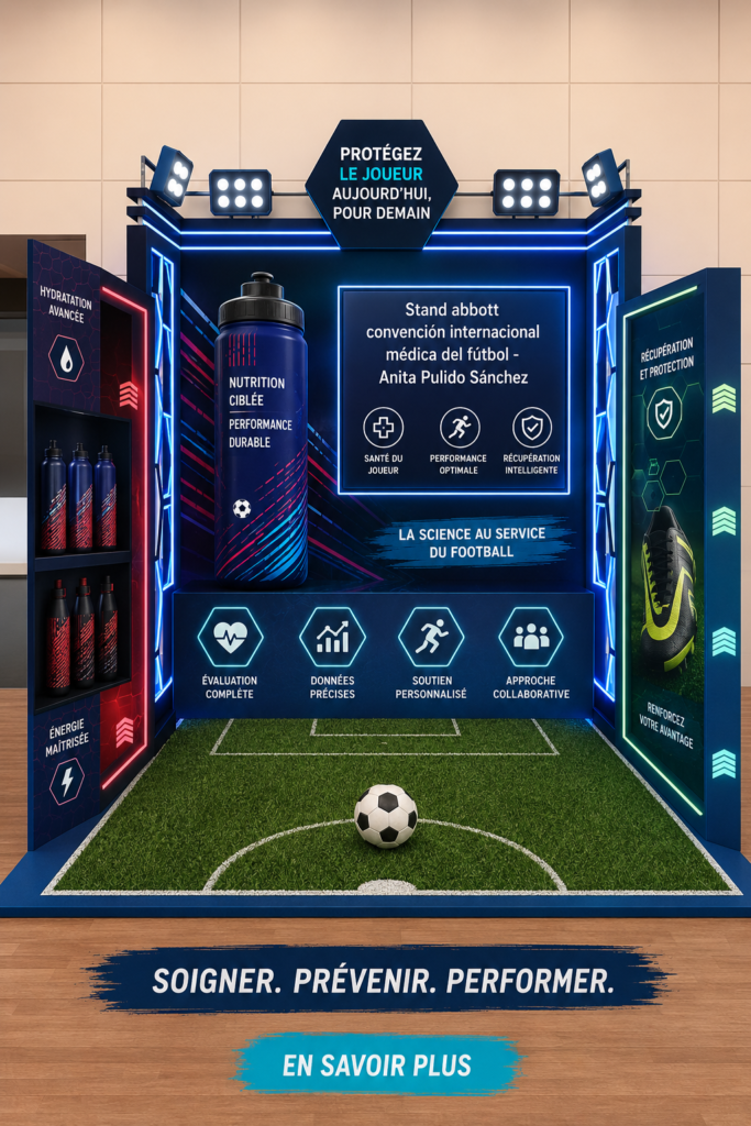 Stand médical au congrès de football, avec des experts discutant des innovations