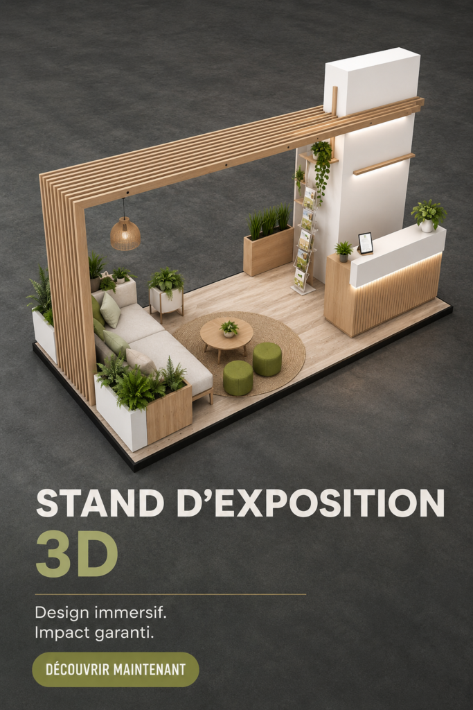 Stand d'exposition 3D moderne illustrant un design élégant