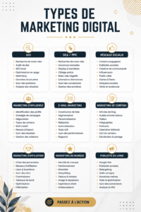 Infographie sur les types de marketing digital avec des icônes symbolisant chaque type.