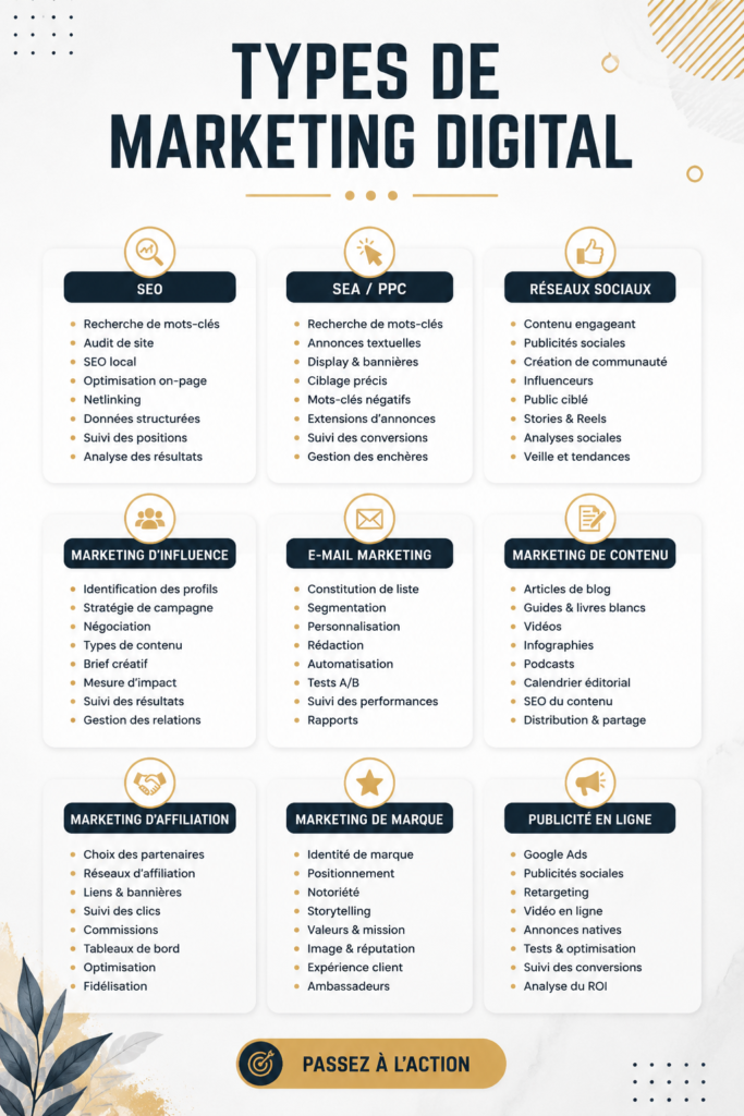 Infographie sur les types de marketing digital avec des icônes symbolisant chaque type.