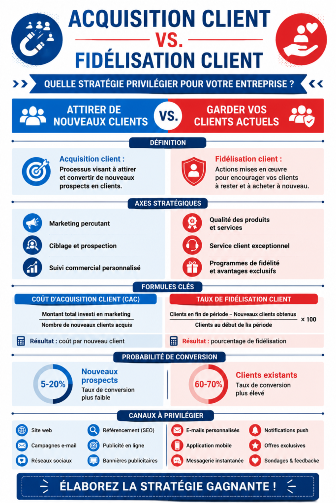 Illustration comparant acquisition et fidélisation client en B2B