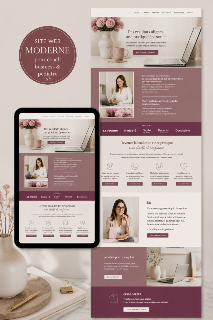 Un site web moderne et élégant pour coaches et pédiatres, montrant une interface conviviale et professionnelle.