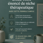 Une femme thérapeute réfléchissant à sa spécialité de niche, un carnet et un stylo à la main.