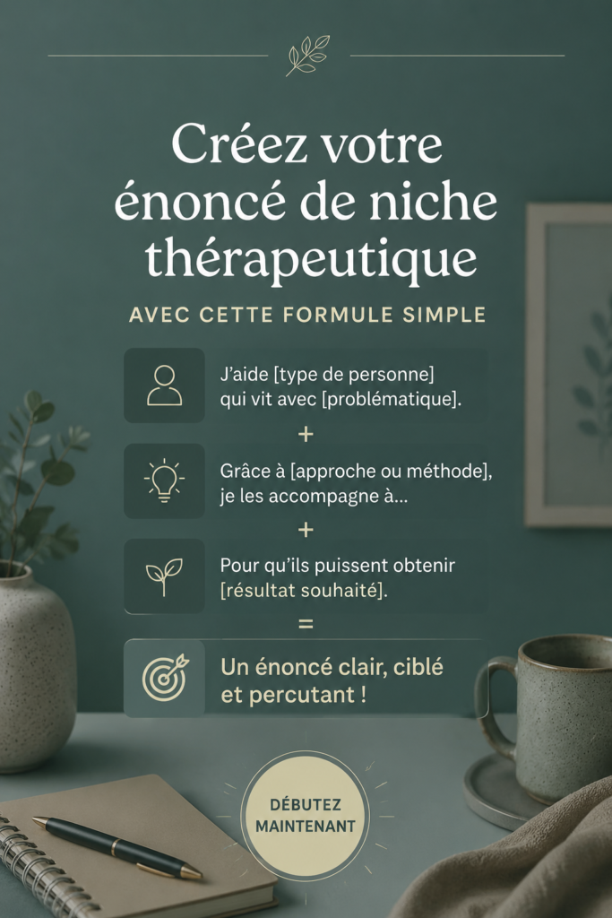 Une femme thérapeute réfléchissant à sa spécialité de niche, un carnet et un stylo à la main.