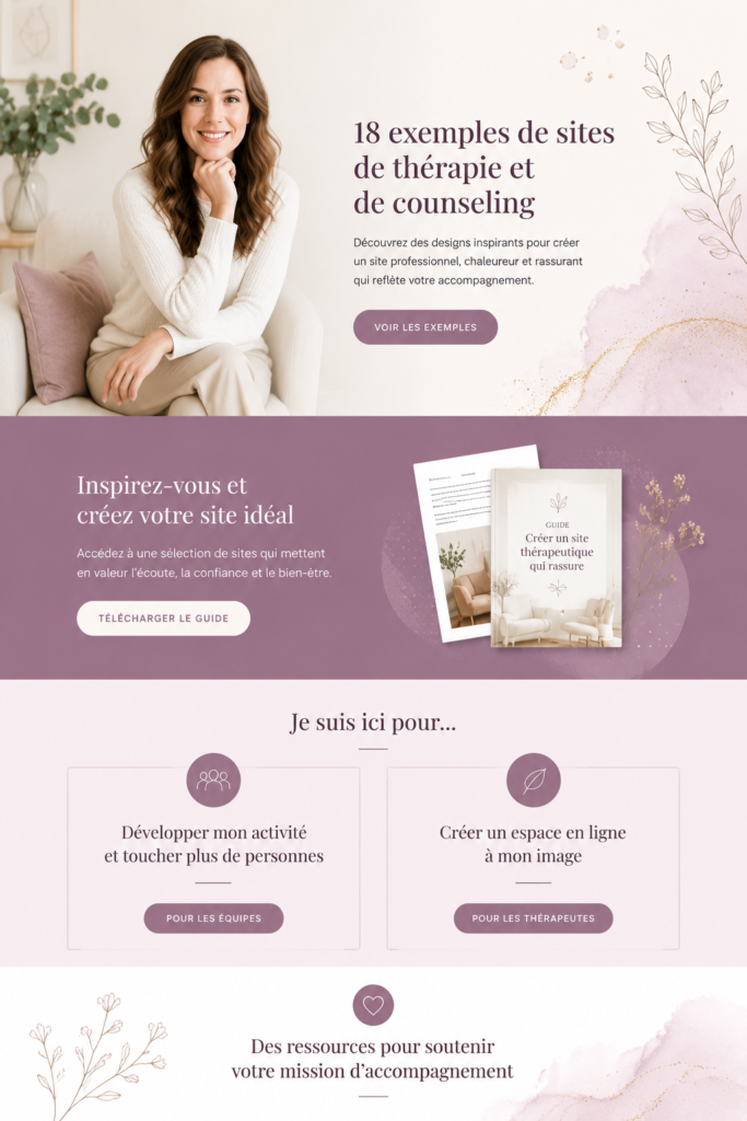 Capture d'écran d'un site de thérapie en ligne avec un design moderne.