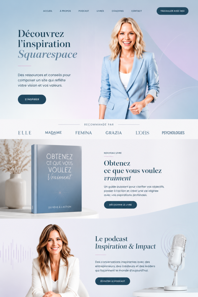 Capture d'écran d'un site Squarespace joliment conçu, représentant des designs modernes et attrayants.