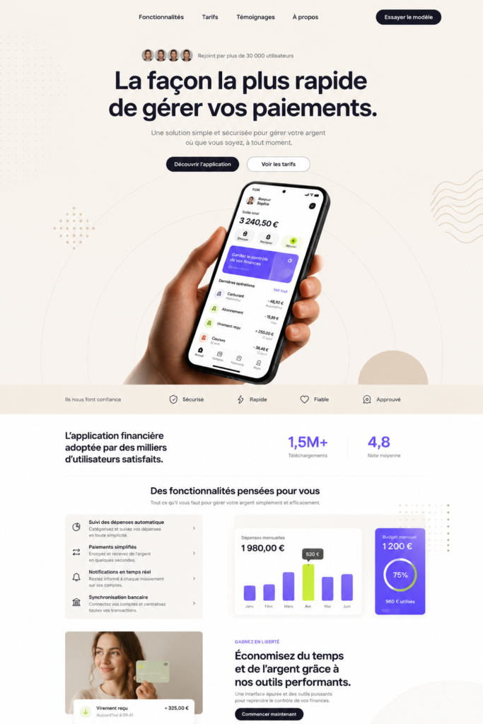 Modèle minimaliste de landing page pour startup dans le secteur financier
