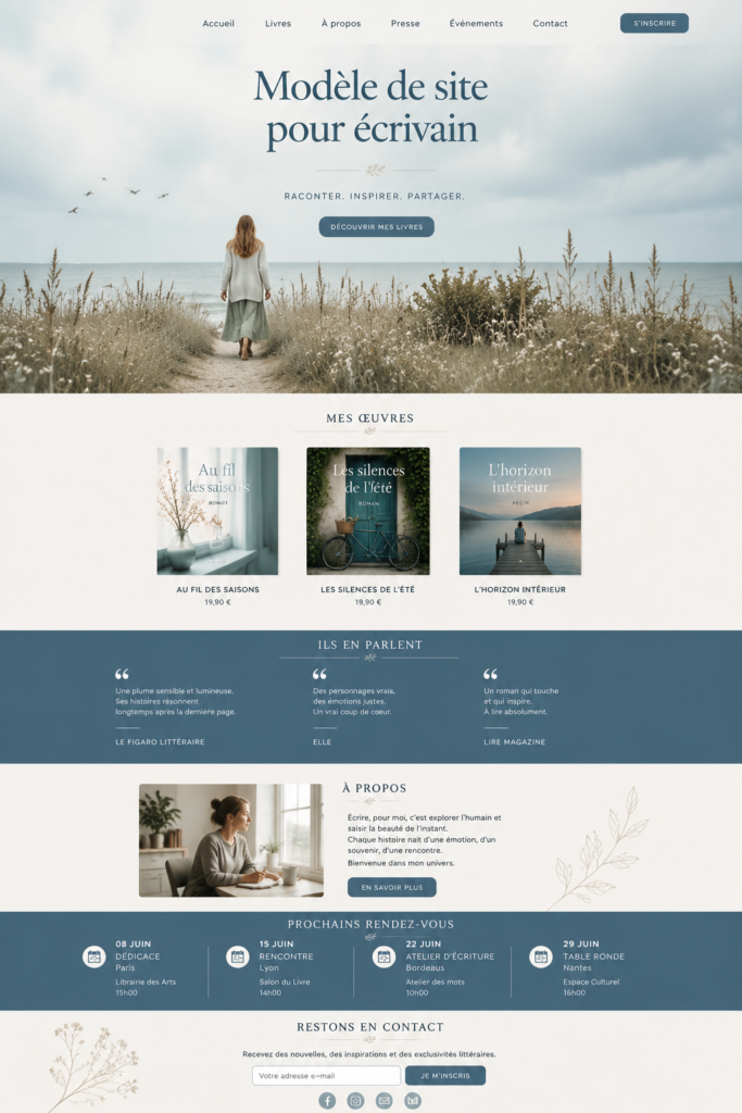 Exemple de modèle de site WIX pour écrivains avec un design accueillant.