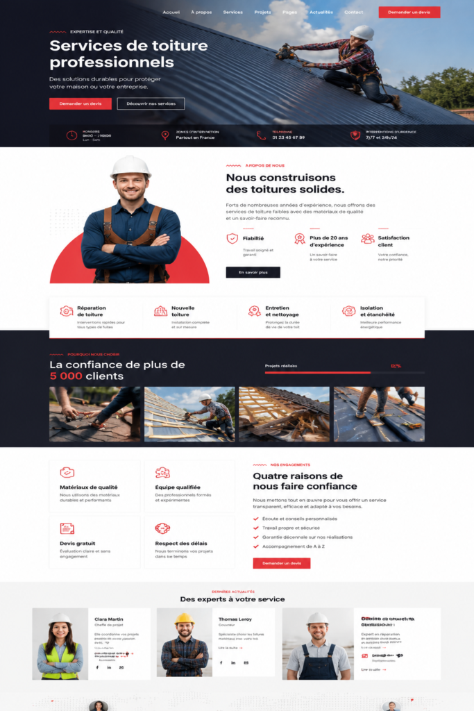 Modèle de site web professionnel pour services de toiture avec un design attrayant.