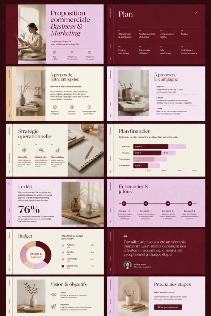 Modèles de propositions commerciales sur Canva, illustrant un design professionnel et flexible.