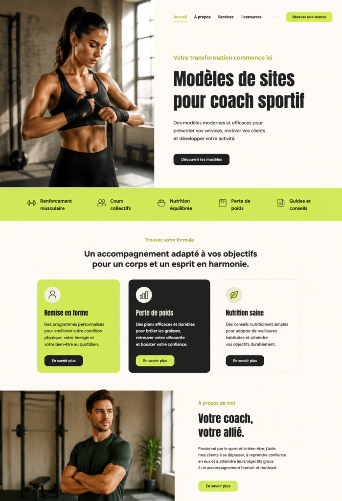 Modèle de site pour entraîneurs personnels mettant en avant des services de coaching