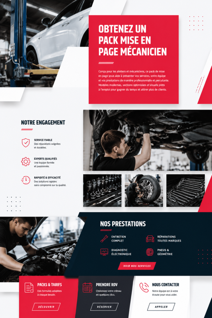 Image d'un garage bien organisé avec un pack de mise en page pour mécaniciens