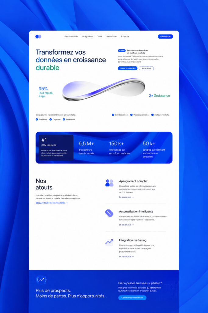 Capture d'écran d'une page d'accueil SaaS avec un design moderne et épuré.