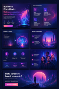Une femme présentant un pitch deck lors d'une réunion d'affaires, avec des graphiques et des données.