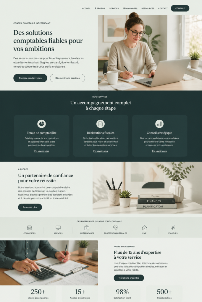 Capture d'écran d'un site web de consultant freelance, avec un design soigné et professionnel.