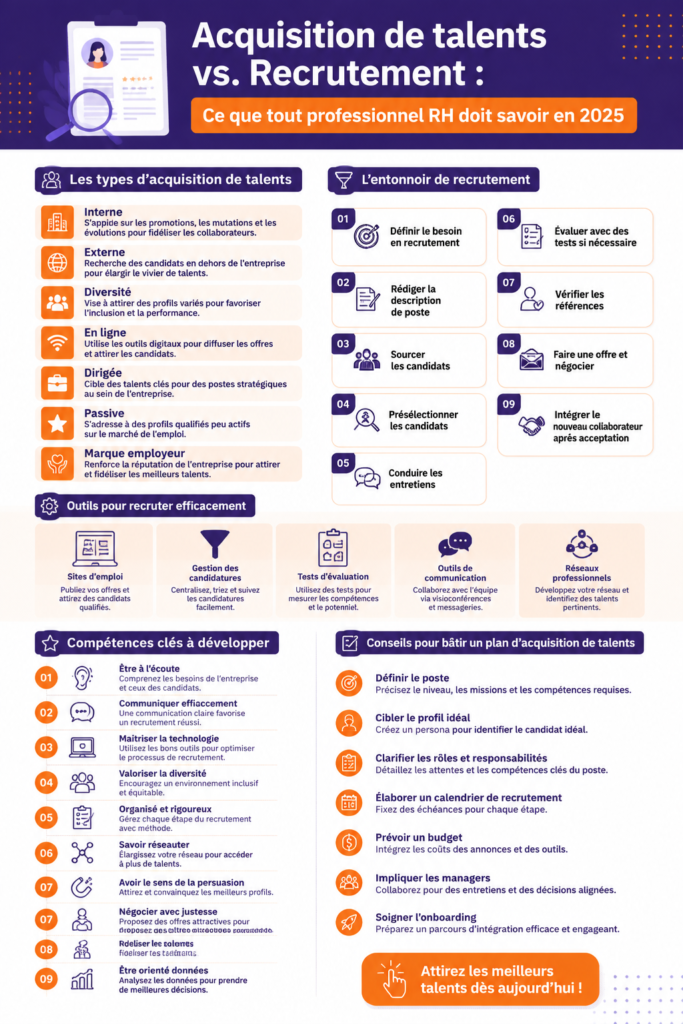 Infographie sur les différences entre talent acquisition et recrutement avec des graphiques modernes