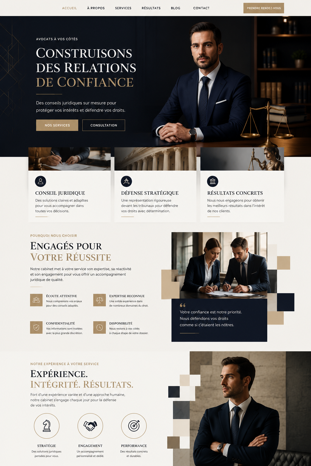 Capture d'écran du thème WordPress Bernstein pour avocats, montrant un design professionnel et moderne.