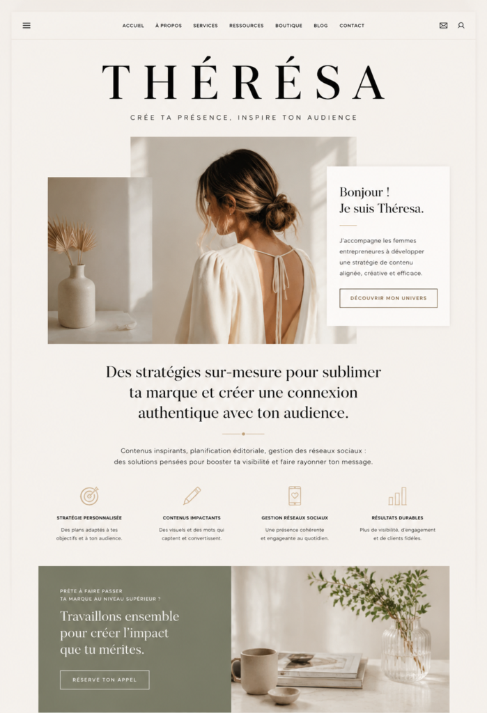 Thème WordPress Elementor pour les entrepreneuses, affichant un design moderne et féminin