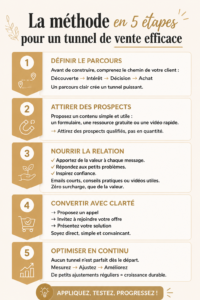 Illustration d'une carte simple représentant un tunnel de vente en 5 étapes.