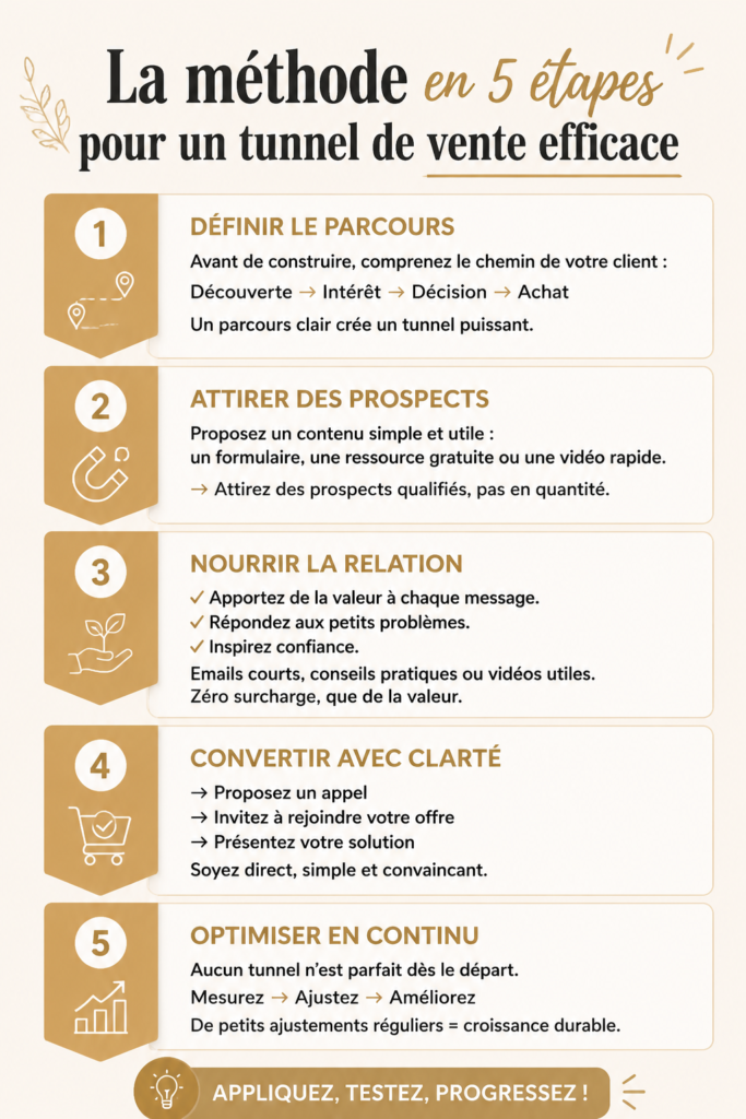 Illustration d'une carte simple représentant un tunnel de vente en 5 étapes.